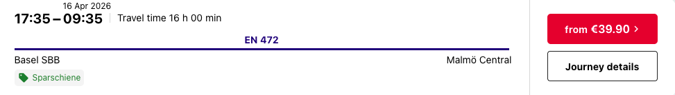 Tarif train de nuit Bâle - Malmo 2026